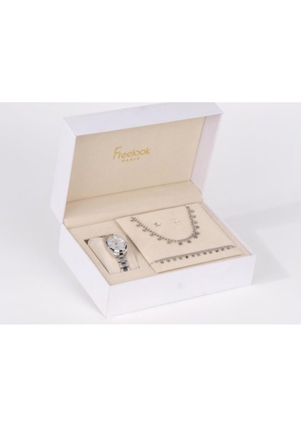 FL.1.10488-1 Kolye Bileklik ve Küpe Hediyeli 5 Atm Suya Dayanıklı Çelik Kordon Metalik Renk Kadın Kol Saati