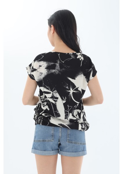 Viskon Kumaş Siyah-Beyaz Soyut Desen Beli Lastikli Kadın Bluz fiyatları