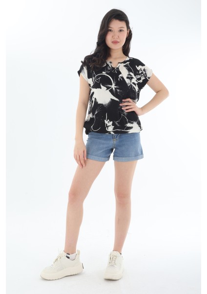 Viskon Kumaş Siyah-Beyaz Soyut Desen Beli Lastikli Kadın Bluz indirimleri