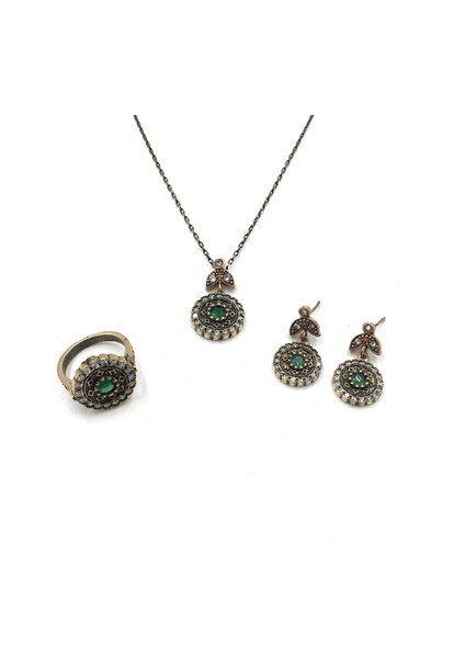 Otantik Zirkon Zümrüt Rengi Yuvarlak Bronz Set