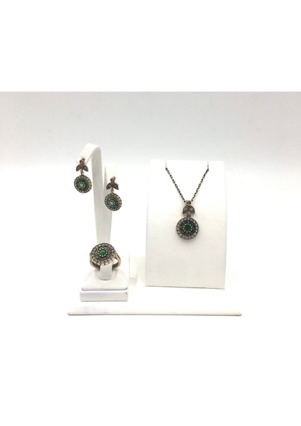 Otantik Zirkon Zümrüt Rengi Yuvarlak Bronz Set