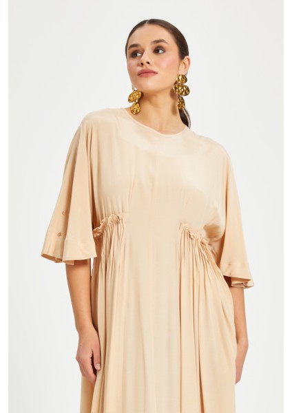 Kadın Büzgü Detaylı Midi Elbise – Yarasa Kol, Rahat Kesim, Astarlı modelleri