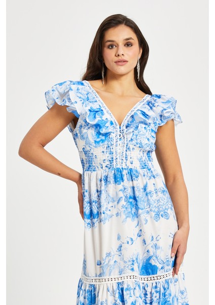 Kadın Volan Kollu Desenli Elbise – V Yaka, Lastikli Bel, Astarlı, %100 Polyester Dış, %100 Pamuk Astar