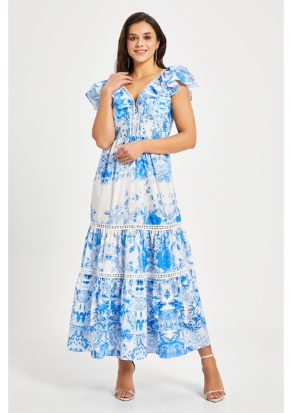 Kadın Volan Kollu Desenli Elbise – V Yaka, Lastikli Bel, Astarlı, %100 Polyester Dış, %100 Pamuk Astar