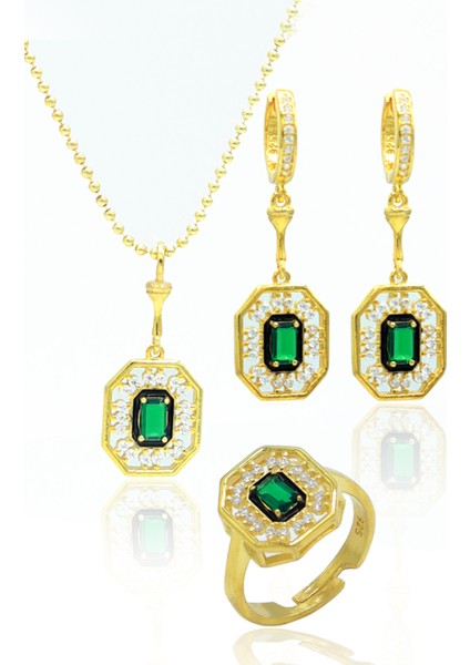 Zümrüt Taşlı Sekizgen Model Gold Kaplama 925 Ayar Gümüş Üçlü Set 201024003