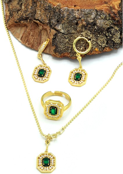 Zümrüt Taşlı Sekizgen Model Gold Kaplama 925 Ayar Gümüş Üçlü Set 201024003 fiyatları