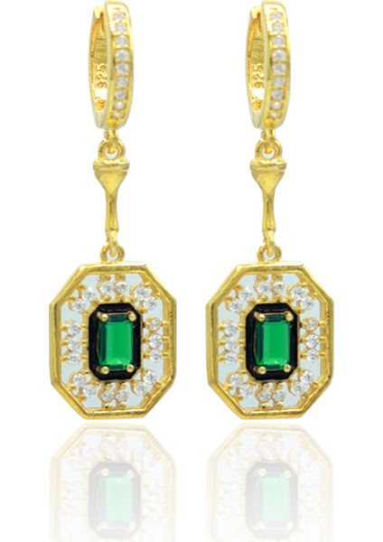 Zümrüt Taşlı Sekizgen Model Gold Kaplama 925 Ayar Gümüş Üçlü Set 201024003 fırsatları