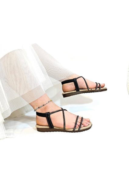 3008 Siyah Lastikli Taşlı Şık Bayan Sandalet