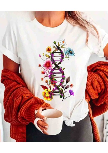 Dna Çiçek Baskılı Özel Tasarım Oversize Tshirt