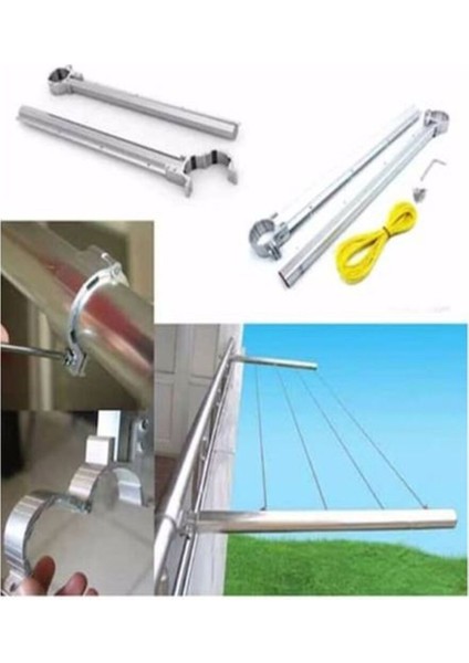 Küpeşte Balkon Çamaşır Kurutma Askılığı Yuvarlak Çamaşır Askısı Çamaşır Ipi Hediyeli 60 x 25 cm