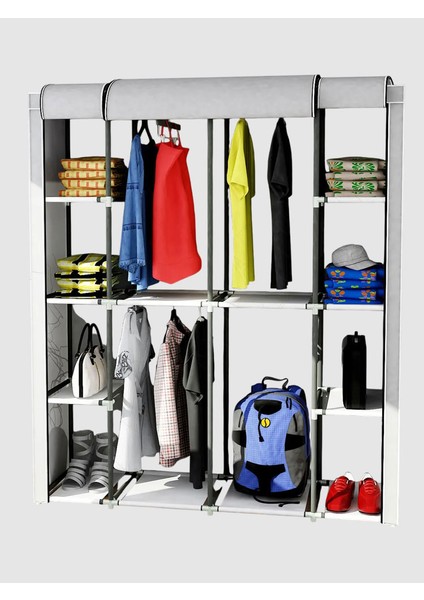 Home Çift Askılı Lüks Çelik Bez Dolap Hangar Boy-Gri