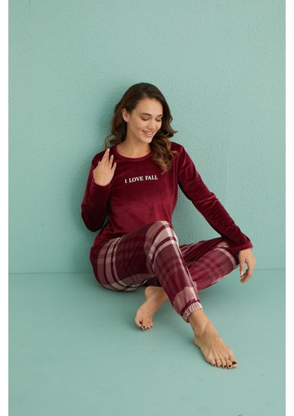 13312-1 Kadın Love Fall Kadife Pijama Takım