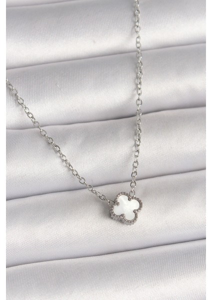 316L Çelik Gümüş Renk Beyaz Yonca Model Kadın Kolye - Lisinya