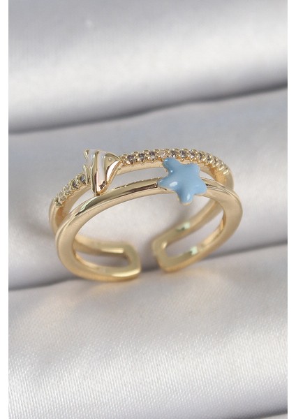 Pirinç Gold Renk 2'li Zirkon Taşlı Mavi Yıldız Figür Ayarlanabilir Kadın Yüzük - Lisinya