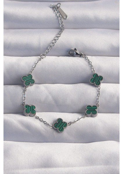 316L Çelik Baby Boy Gümüş Renk Çizgili Yeşil Mineli Yonca Bileklik - Lisinya