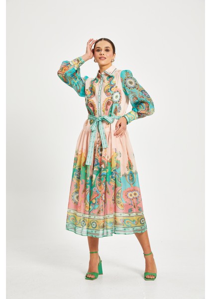 Kadın Desenli Gömlek Yaka Elbise – Kuşaklı, Astarlı, Uzun Kollu, %100 Polyester Dış, %100 Pamuk Astar modelleri