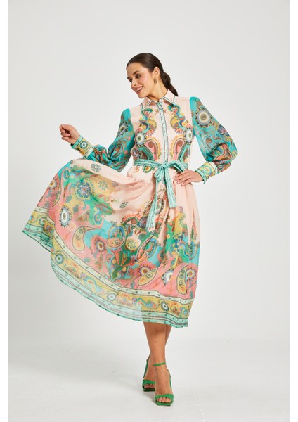 Kadın Desenli Gömlek Yaka Elbise – Kuşaklı, Astarlı, Uzun Kollu, %100 Polyester Dış, %100 Pamuk Astar indirimleri