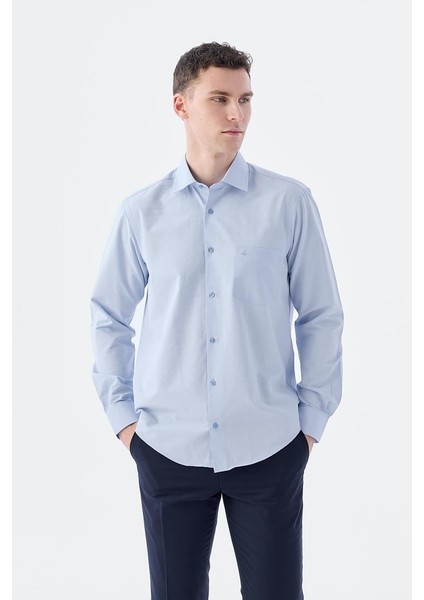 Mavi Klasik Fit İtalyan Yaka Uzun Kol Klasik Kravatlık Kolay Ütülenebilir Pamuklu Gömlek
