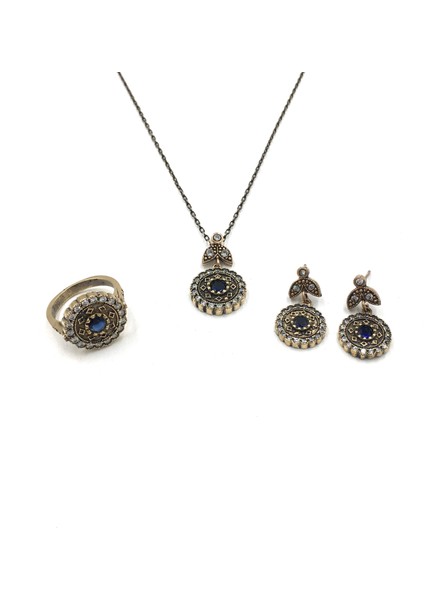 Otantik Zirkon Safir Rengi Yuvarlak Bronz Set