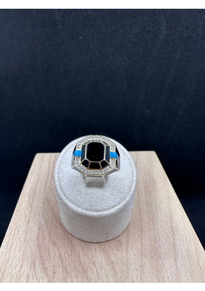 Mavi Siyah Mineli Unisex Ithal Gümüş Yüzük