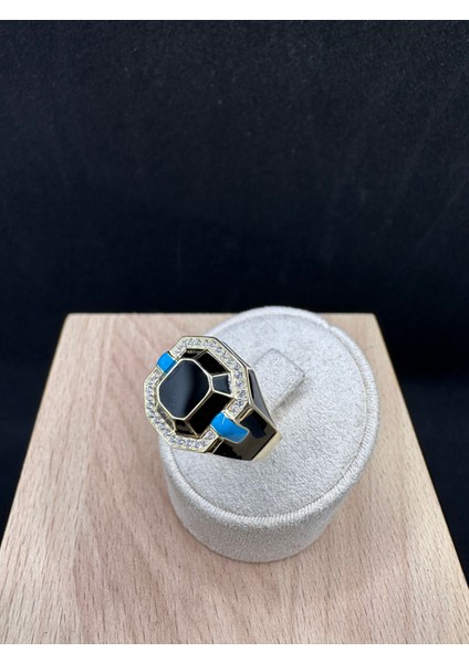 Mavi Siyah Mineli Unisex Ithal Gümüş Yüzük