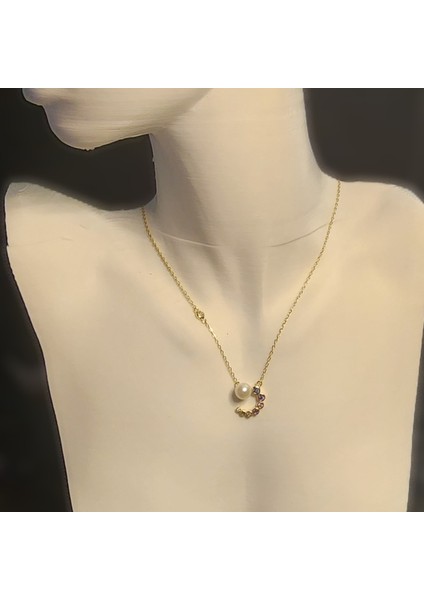 925 Ayar Gümüş Gold Incili Ay-Yıldız Kolye fiyatları