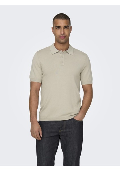Erkek Regular Fit Polo Yaka Bej Triko T-Shirt - 22022219