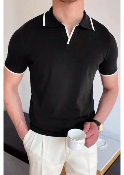 Santos Yakası ve Kolu Şeritli Likralı Slim Fit Polo Yaka Örme Erkek Triko Tshirt
