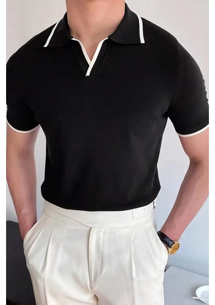 Santos Yakası ve Kolu Şeritli Likralı Slim Fit Polo Yaka Örme Erkek Triko Tshirt fiyatları
