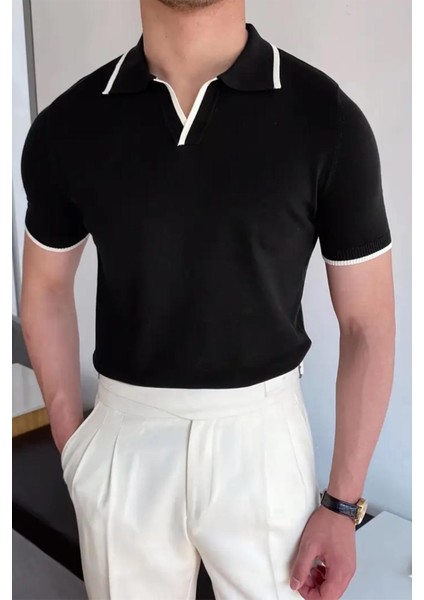 Santos Yakası ve Kolu Şeritli Likralı Slim Fit Polo Yaka Örme Erkek Triko Tshirt fırsatları