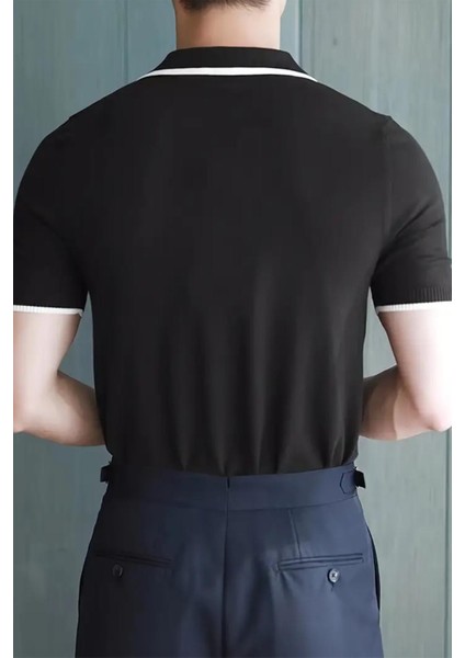 Santos Yakası ve Kolu Şeritli Likralı Slim Fit Polo Yaka Örme Erkek Triko Tshirt indirimleri