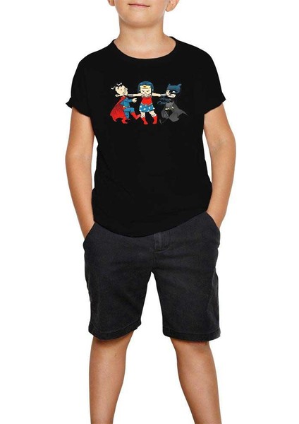 Superman And Batman Cartoon Siyah Çocuk Tişört