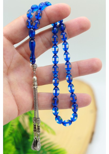 Mavi Sürmeli Alpaka Püsküllü Arpa Kesim Toz Kehribar Tesbih 201024016