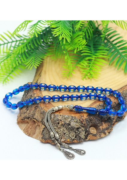 Mavi Sürmeli Alpaka Püsküllü Arpa Kesim Toz Kehribar Tesbih 201024016 modelleri