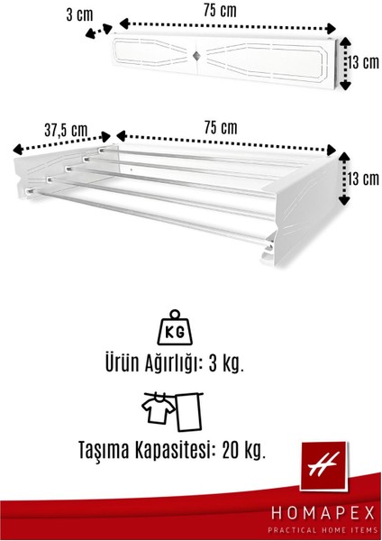 Pratik Çamaşır Kurutmalığı Dekoratif Askılık (75 cm - Beyaz)