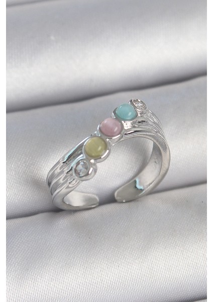 Pirinç Gümüş Renk Zirkon Taş Detaylı Renkli Mineli Ayarlanabilir Kadın Yüzük - Lisinya