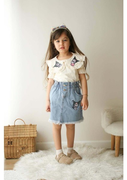 Kız Çocuk Kuromi Modelli Kot Etekli Pamuk Takım