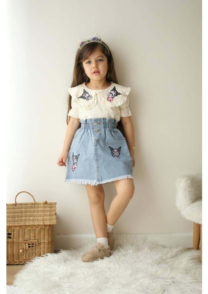 Kız Çocuk Kuromi Modelli Kot Etekli Pamuk Takım modelleri