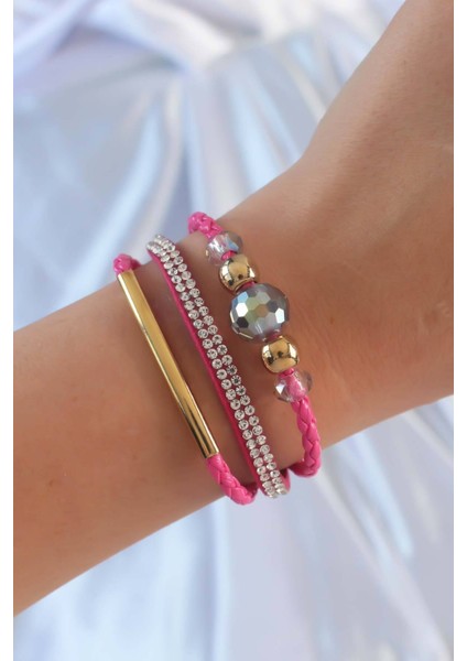 Pembe Renk Zirkon Taşlı Deri Çoklu Bileklik - Lisinya