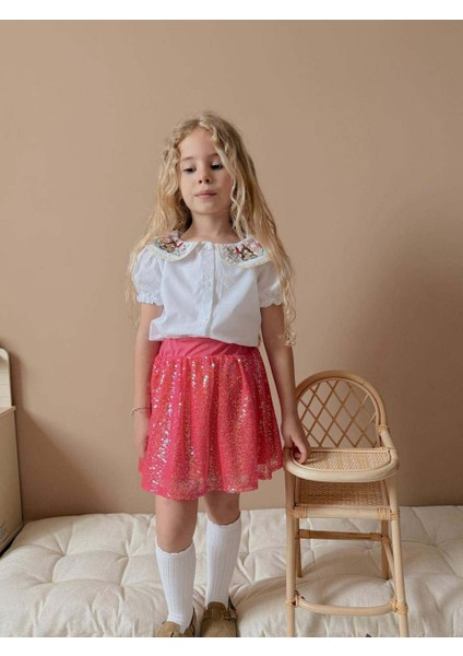 Kız Çocuk Kısa Kol Gömlekli Pullu Etekli Bayramlık Takım modelleri