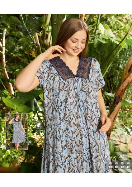 Kadın Kısa Kol Büyük Beden Dantelli Gecelik