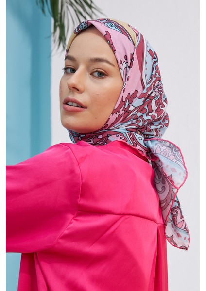 Mozaik Su Yeşili Pembe Pamuk Viskon Eşarp