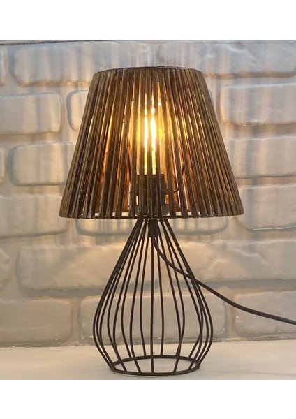 Metal Kafes Armut Model Ferforje Ayaklı Handmade Naturel Kahverengi Başlıklı Abajur Masa Lambası