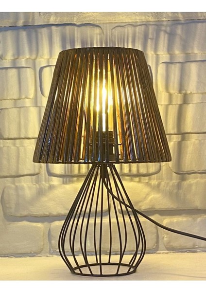 Metal Kafes Armut Model Ferforje Ayaklı Handmade Naturel Kahverengi Başlıklı Abajur Masa Lambası modelleri