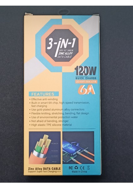 120W 6A 3 In 1 Unıversal 1 metre uzunlugu 120W 6A Şarj ve Data Kablosu Micro Ios Typ-C Üçü Bir Aradada