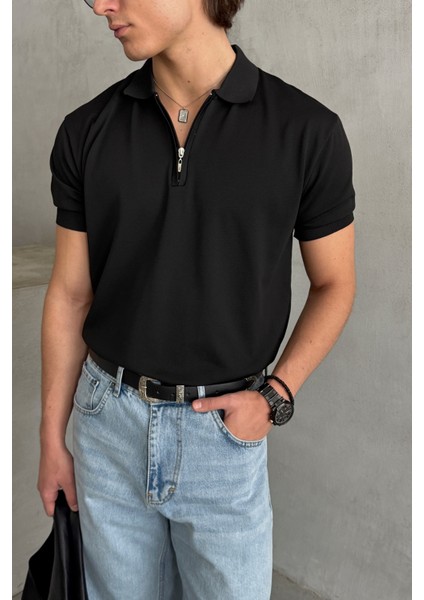 Erkek Oversize Fermuarlı Polo Yaka Triko T-Shirt