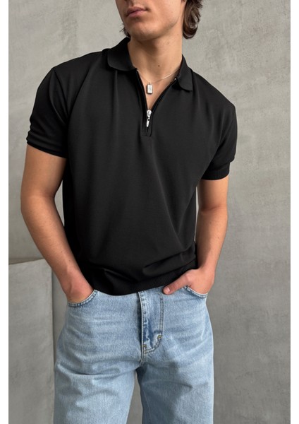 Erkek Oversize Fermuarlı Polo Yaka Triko T-Shirt fiyatları