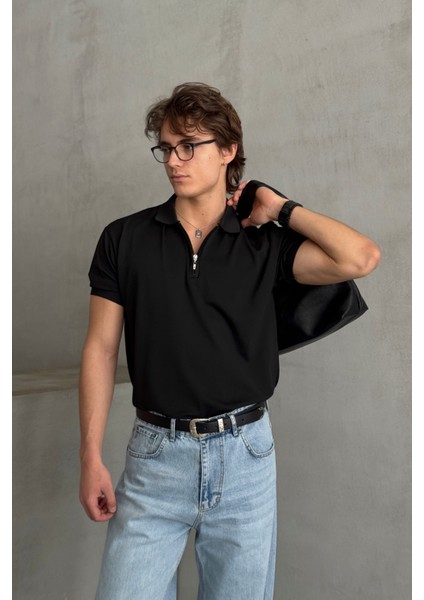 Erkek Oversize Fermuarlı Polo Yaka Triko T-Shirt modelleri