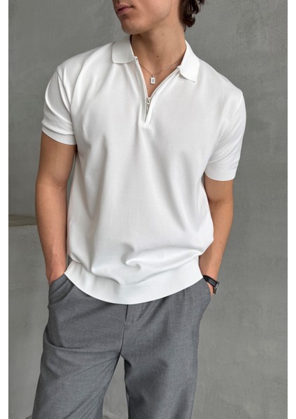 Erkek Oversize Fermuarlı Polo Yaka Triko T-Shirt