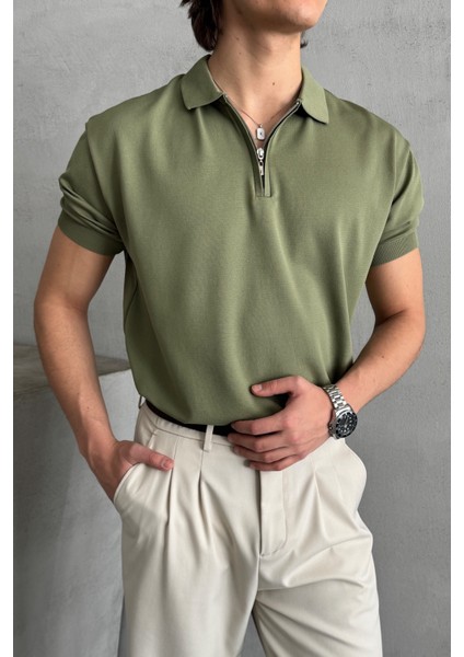 Erkek Oversize Fermuarlı Polo Yaka Triko T-Shirt